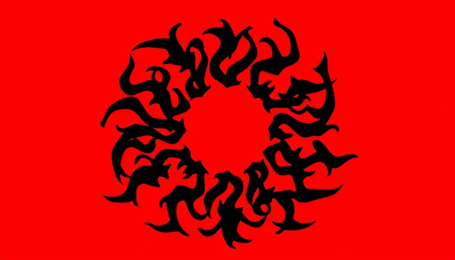 Meta logo surrounded by abstract shapes on red.