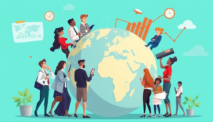 Illustration of professionals with a globe, symbolizing Planetary KPIs for Business Strategy.