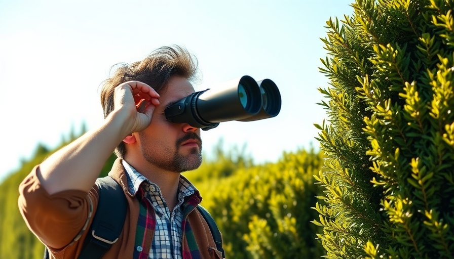 Focused talent acquisition leader observing through binoculars behind a hedge.