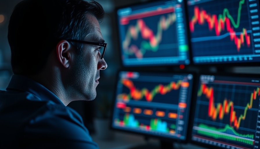 Financial analyst examining stock trends on monitors in dimly lit office.