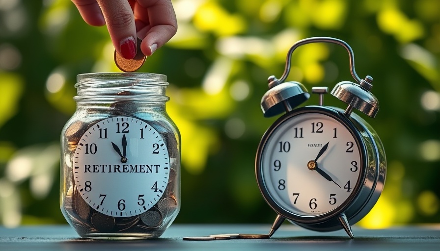 Coins in a retirement jar and clock illustrating savings concept.