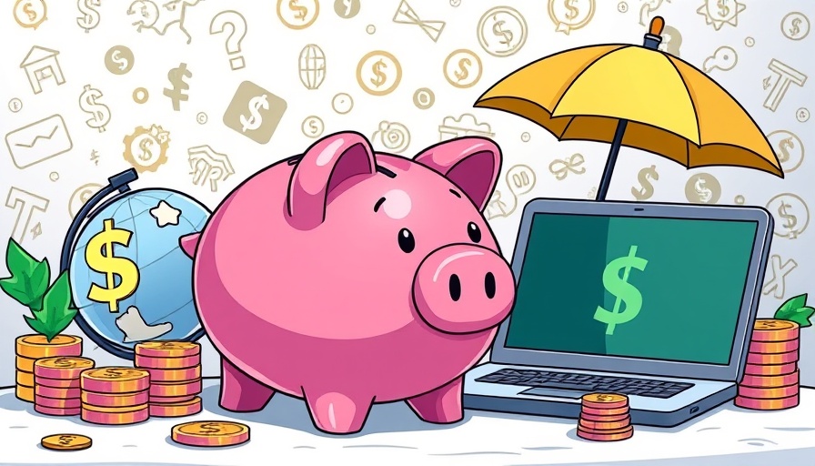 Illustration of stablecoins for global payments with piggy bank and laptop.