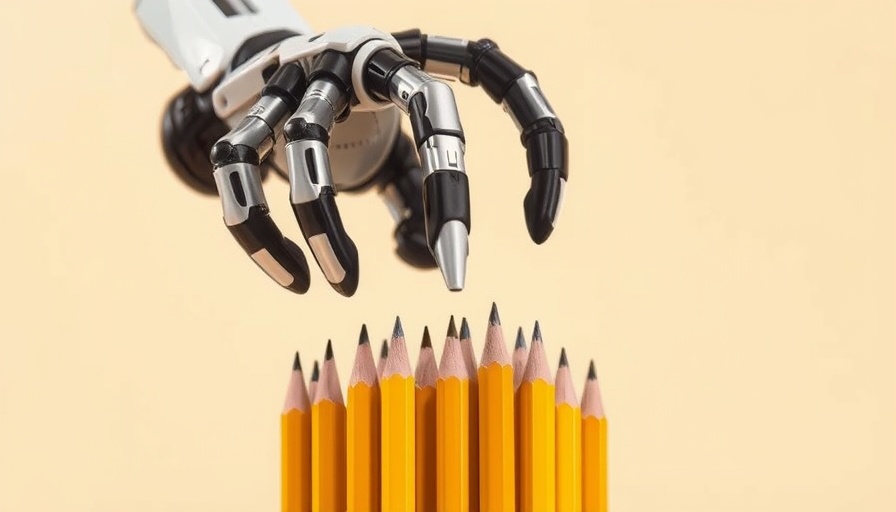 Robotic hand reaching towards pencils, AI Chatbots in the Workplace concept.