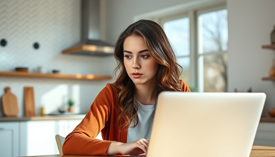 Young woman using laptop in kitchen, low latency internet standard.