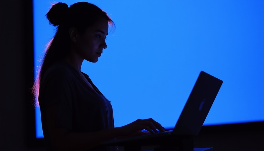 Silhouetted woman using laptop in front of blue screen, AI in filmmaking.