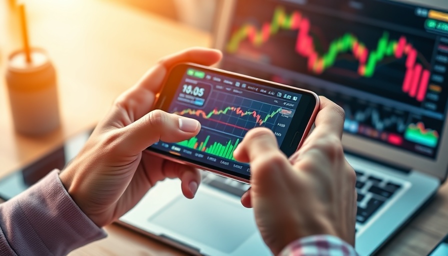 Hands holding smartphone with stock market graphs, soft lighting.