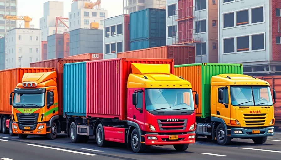 Multicolored trucks on interwoven highways, visual management concept.