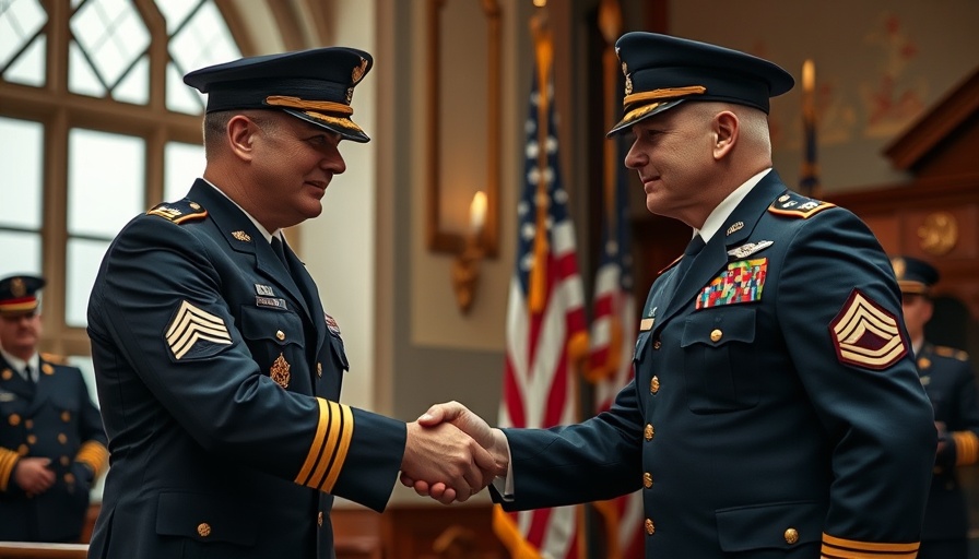 Military officers shaking hands during a valor ceremony