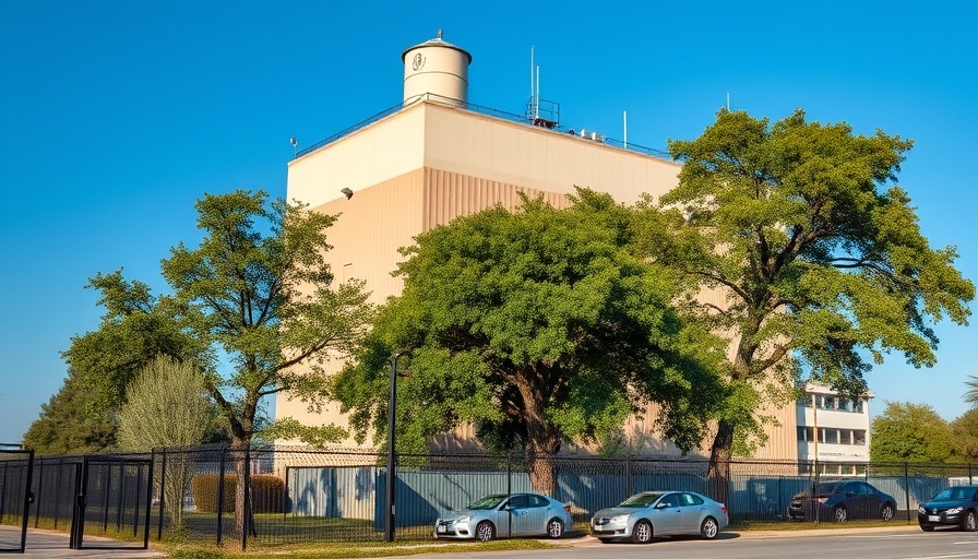 Industrial building with water tower under blue sky