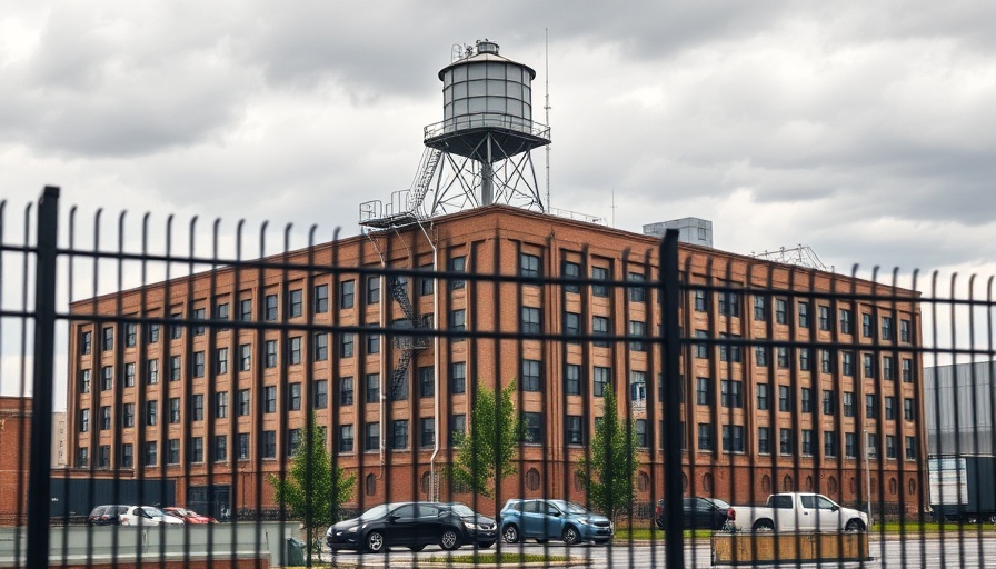 Large industrial building with water tower and fence, urban setting