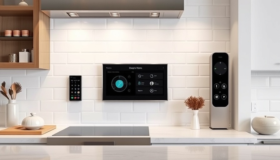 Smart home display in kitchen with home automation controls.