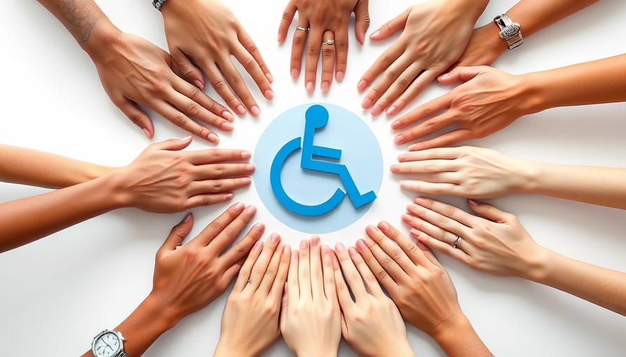 Hands in unity around disability symbol, disability-inclusive employment.
