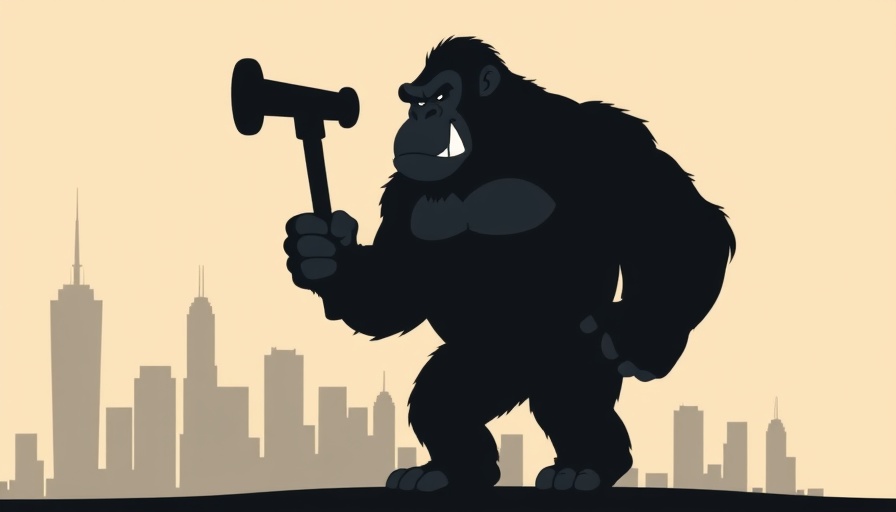 Minimalist gorilla silhouette with a hammer near a city for leadership preparation.