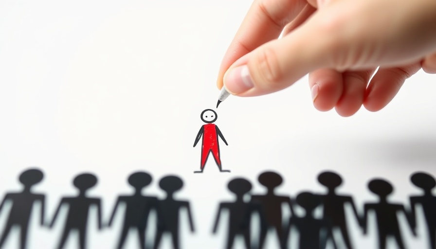 Hand illustrating red sad stick figure in crowd, military jobs.
