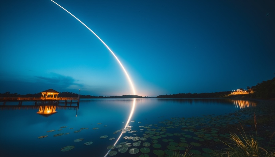 Serene night lake scene with rocket launch arc and pavilion.