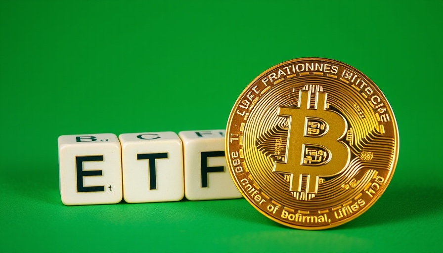 Golden Bitcoin coin and ETF blocks on green background.