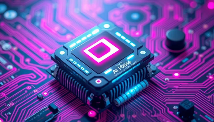 Futuristic AI microchip on vibrant circuit board, digital illustration.