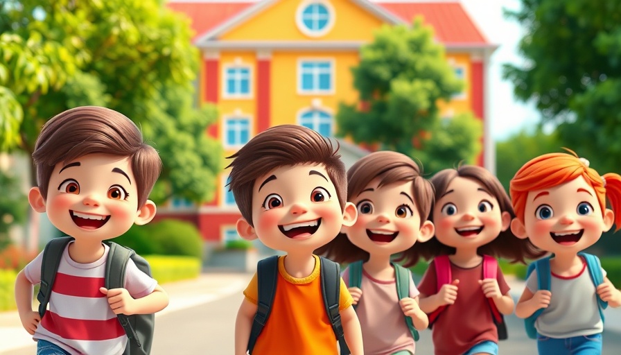 Joyful cartoon kids at school building, Back to School Traditions in Omaha
