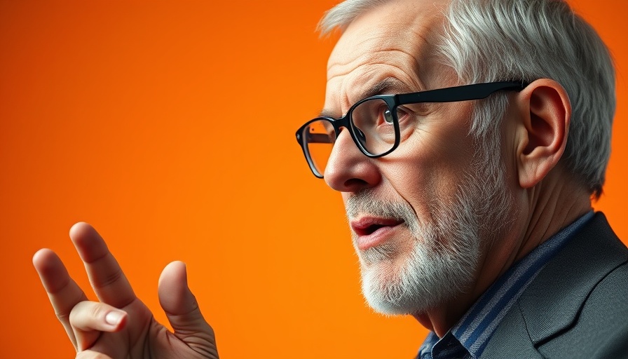 Older man discussing AI investments in a vivid orange setting.