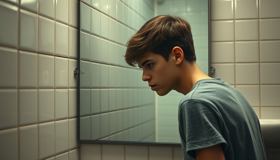 Teenage boy pondering in school bathroom, teen mental health.