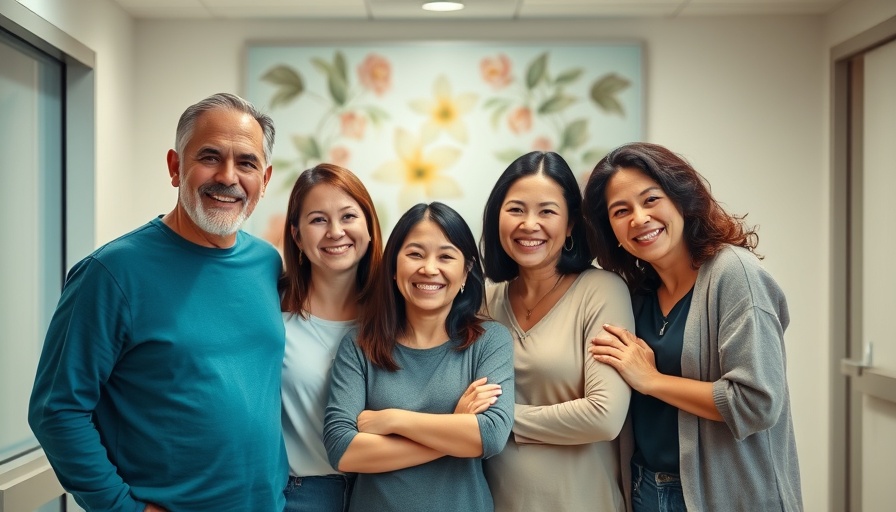 Smiling family group indoors at a hospital-like setting.