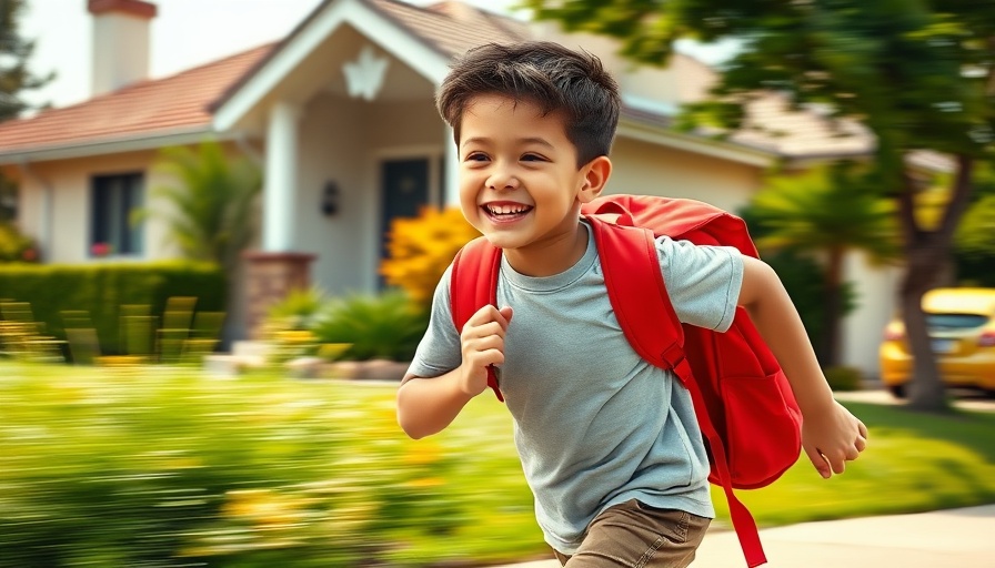 Young boy running with a red backpack near a suburban home, Benefits of Living Close to Your Co-Parent.