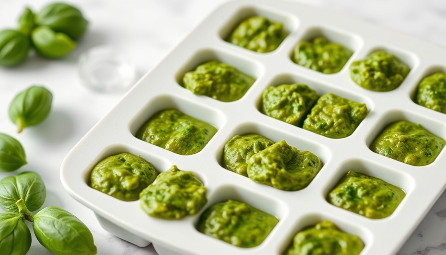 Frozen basil pesto in silicone tray on marble. Easy basil pesto sauce.