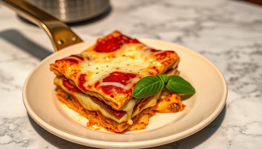 Healthy family meal of lasagna with basil garnish on plate.