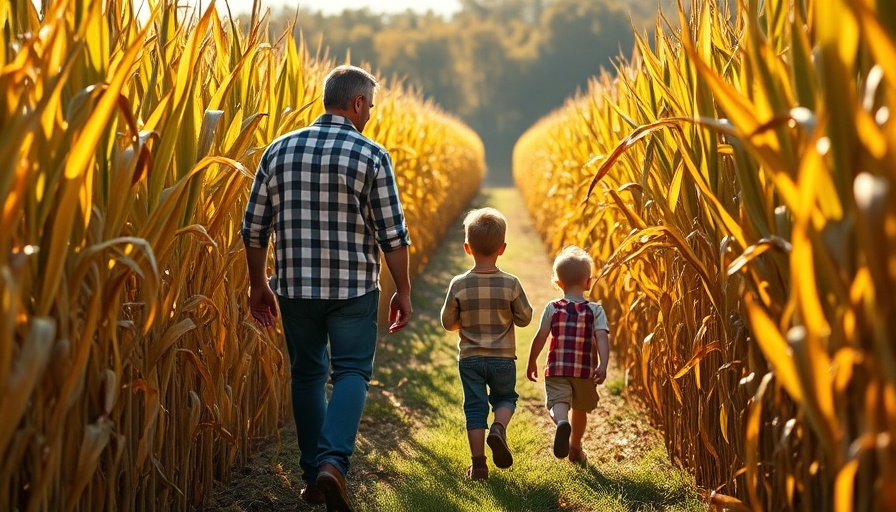 Father and children enjoying Best Fall Farms Omaha corn maze.