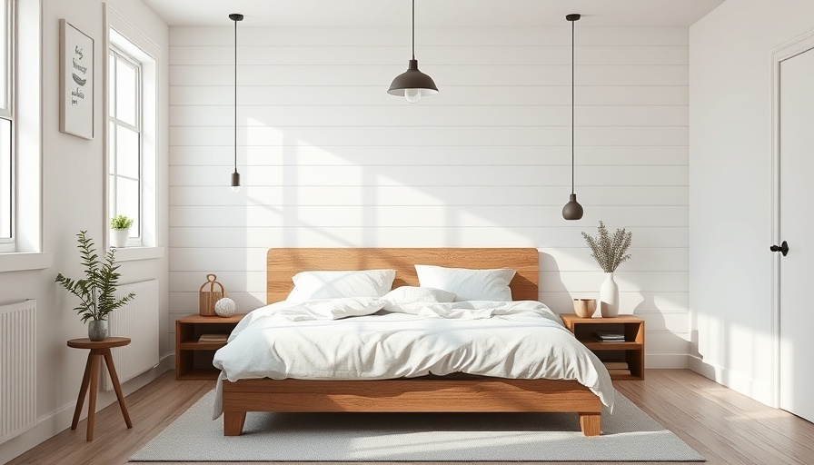 Cozy minimalist bedroom setup with wooden bed frame and soft lighting.