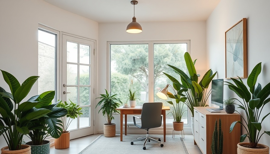 Cozy small home office with plants and glass doors, bright lighting.