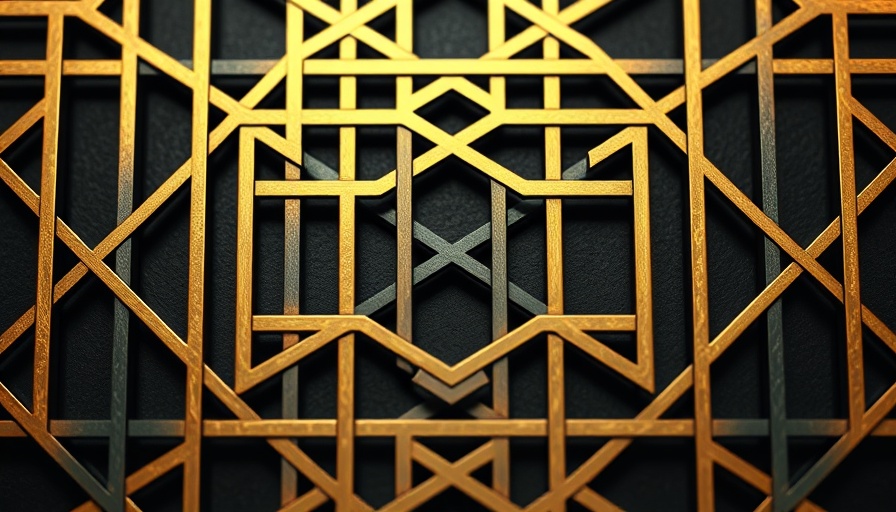 Intricate geometric pattern with gold lines on a black background.