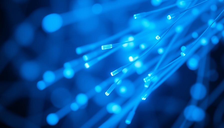 Abstract depiction of blue fiber optic cables conveying data.