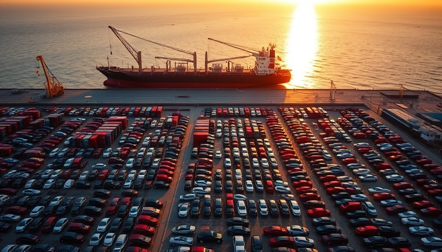 Aerial view of cars at port with cargo ship at sunset, highlighting best car shipping companies in Rhode Island.
