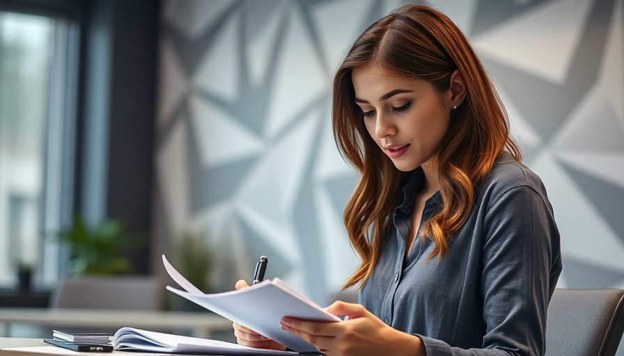 Focused young woman writing in a modern office with geometric wall.