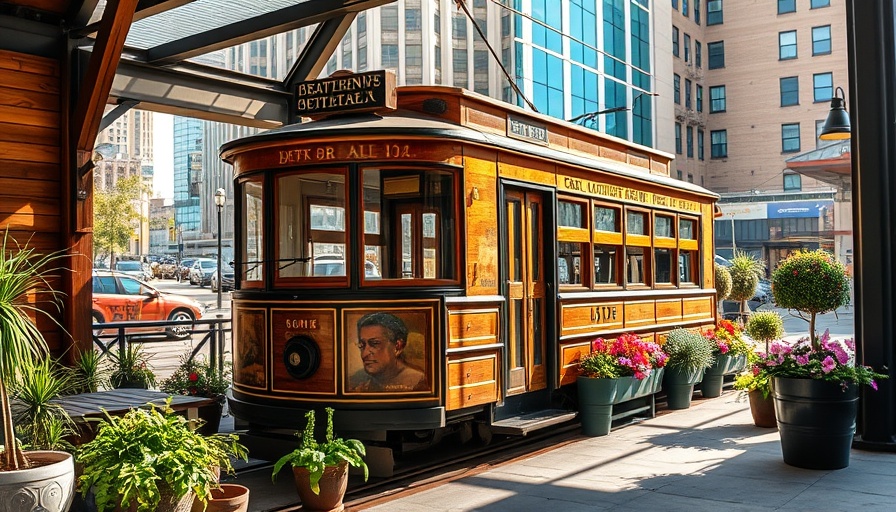 Vintage streetcar in stylish modern home setting in Omaha.
