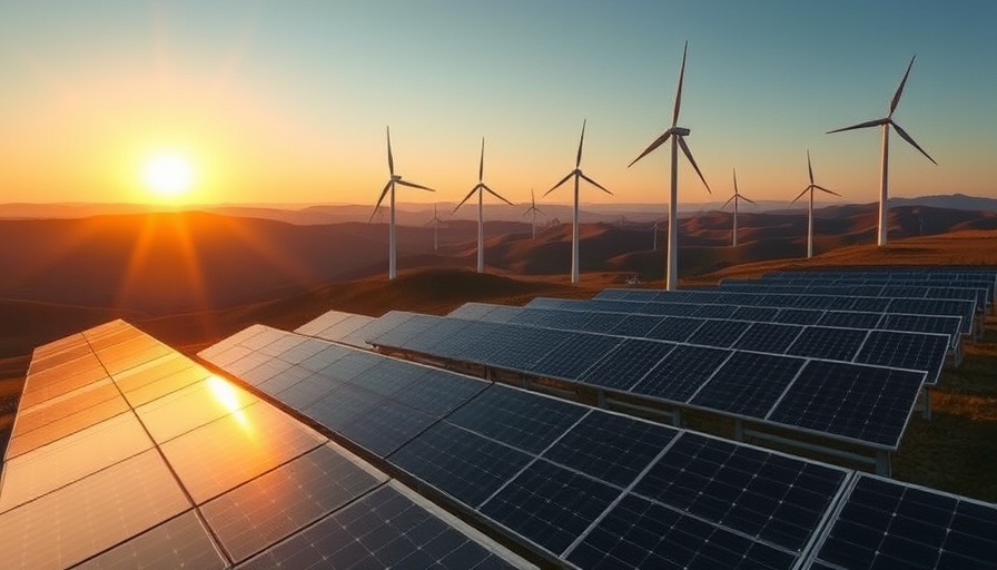 Solar panels and wind turbines at sunrise, illustrating federal solar tax credit.