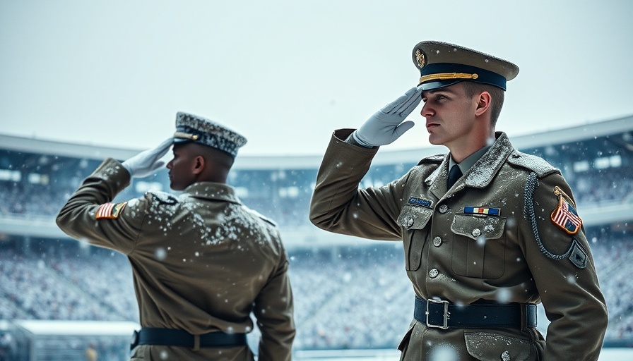 Soldiers in U.S. Army uniform saluting in snowy stadium, highlighting grooming and uniform rules.