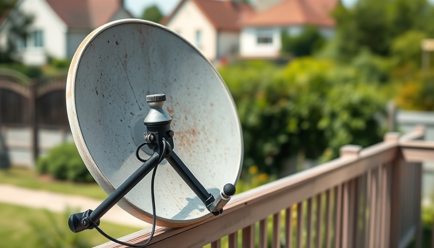 Weathered satellite dish mounted on garden railing in suburbia.