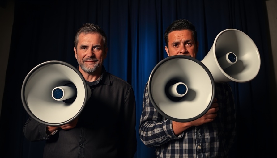 Two men with megaphones at a They Might Be Giants Nebraska show.