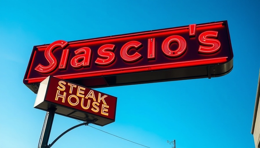 Cascio's Steak House retro neon sign under blue sky.
