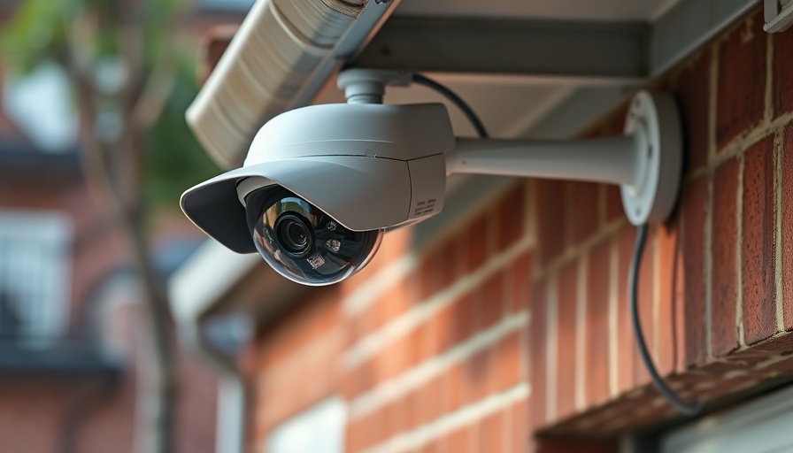 Outdoor security camera mounted under eave for home surveillance.