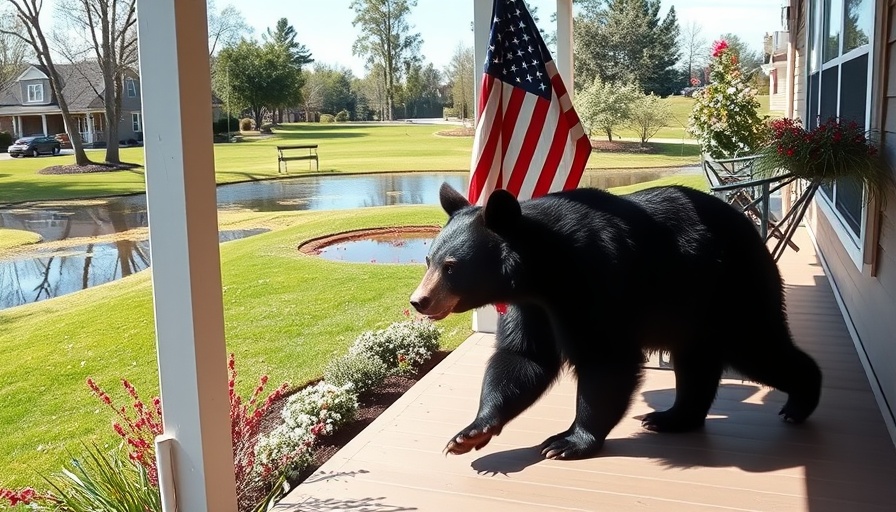 Bear on porch near American flag in residential area, bright lawn setting.