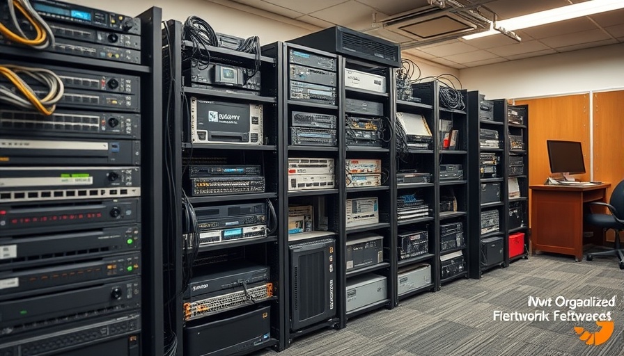 Broadband infrastructure setup with network equipment on shelves and floor.