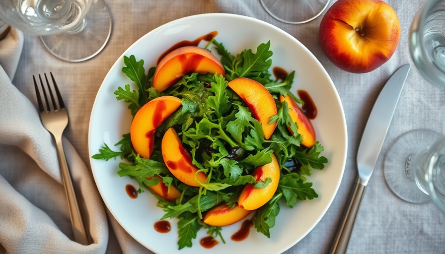 Fire-to-table experience Omaha: vibrant salad with peaches on elegant table.