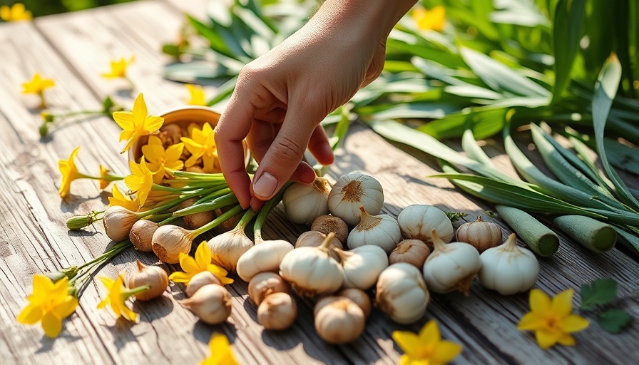Planting bulbs on a wooden table surrounded by flowers. Gardening tips Omaha.