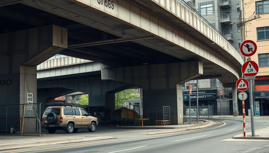 Omaha underpass with vehicle and encampment, highlighting infrastructure.