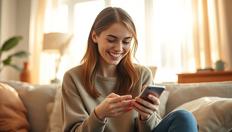 Smiling woman reading supportive texts, warm sunlight.