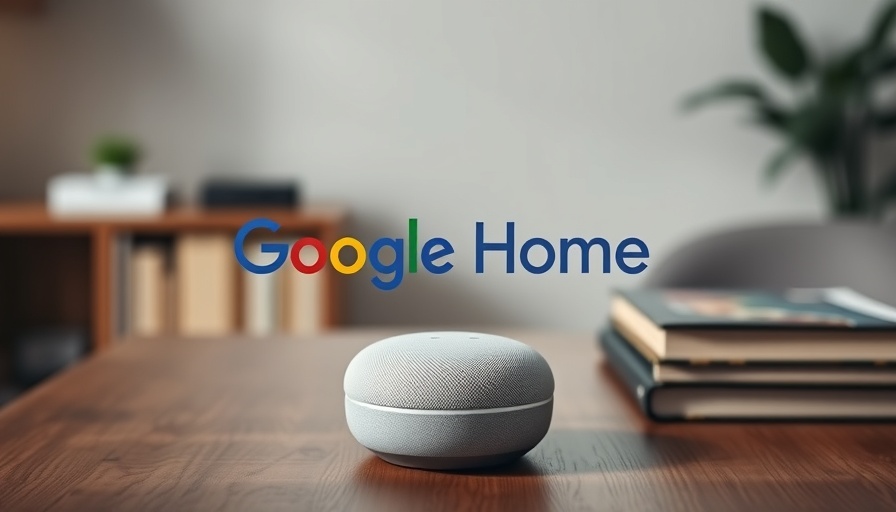 Google Home logo on books and speaker background, modern tech.