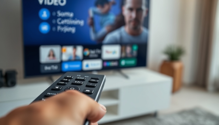 Close-up remote with 4K smart TV streaming in background.